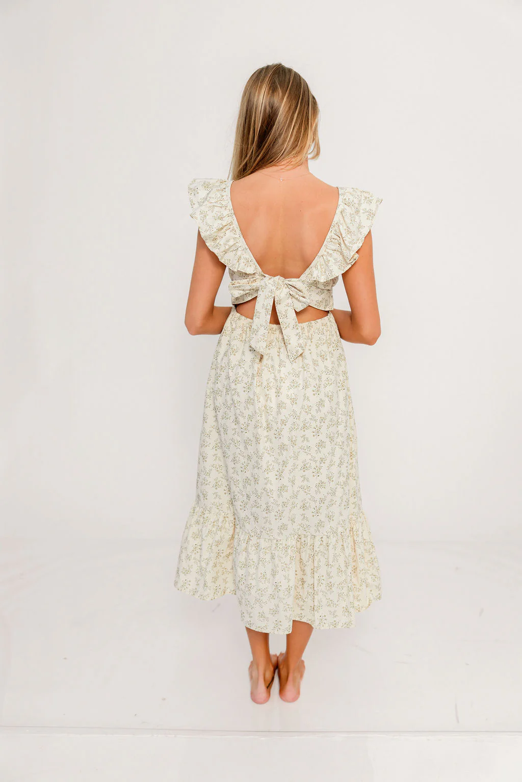 Bellamy 100% Cotton Midi Dress in Cream/Olive Floral - Image 4