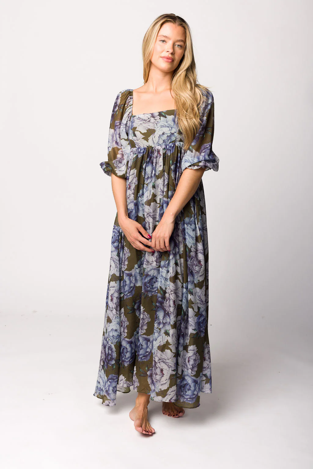 Mona Maxi Dress in Olive/Blue Floral - Bump Friendly - Image 16