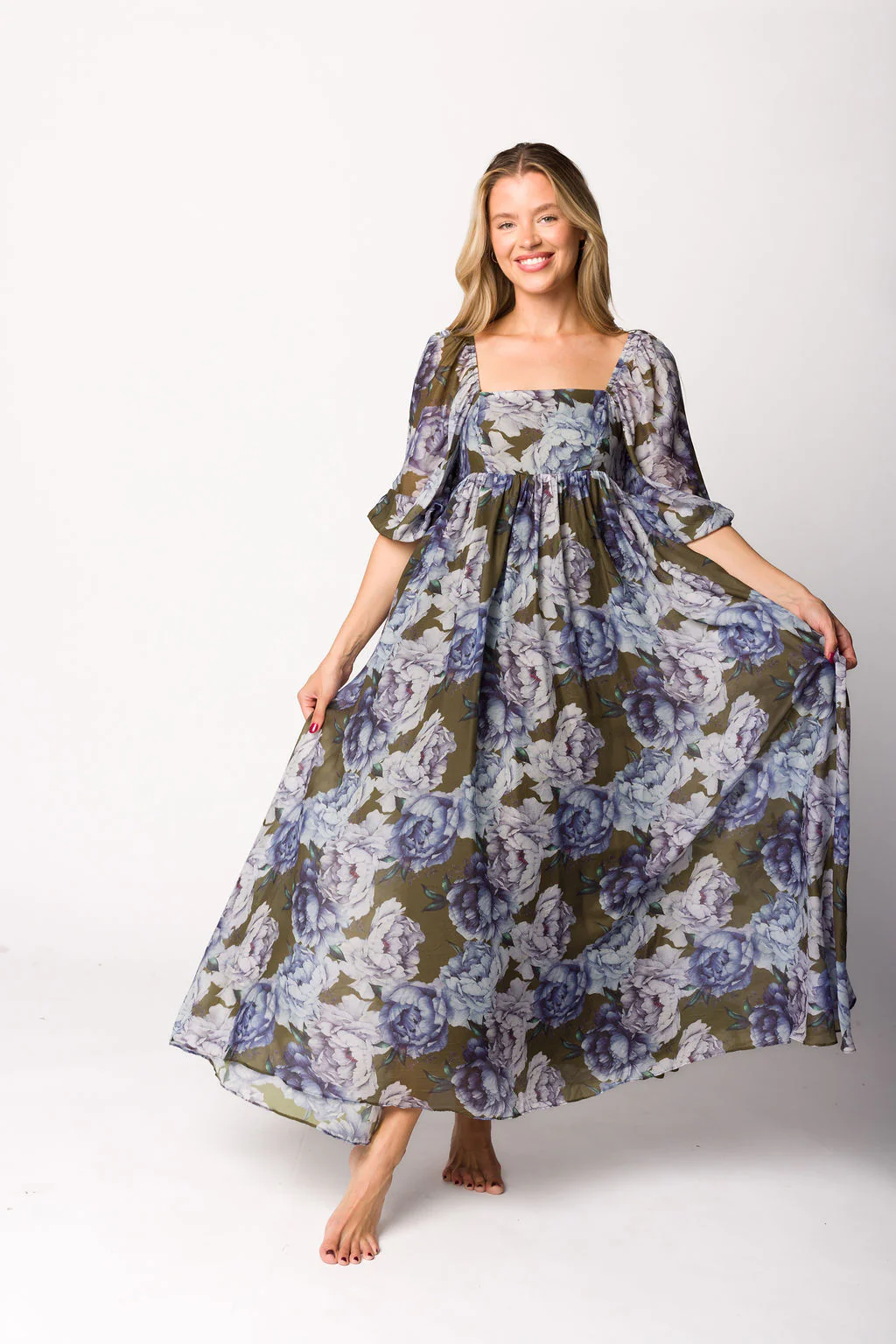 Mona Maxi Dress in Olive/Blue Floral - Bump Friendly - Image 4