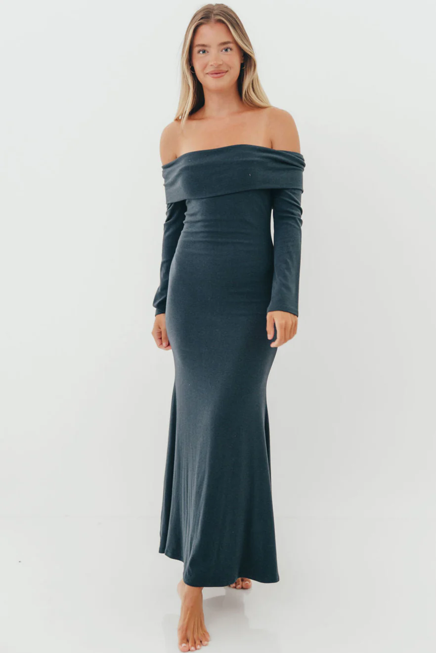 Monroe Maxi Dress with Long Sleeves in Dusty Navy- Bump Friendly - Image 2