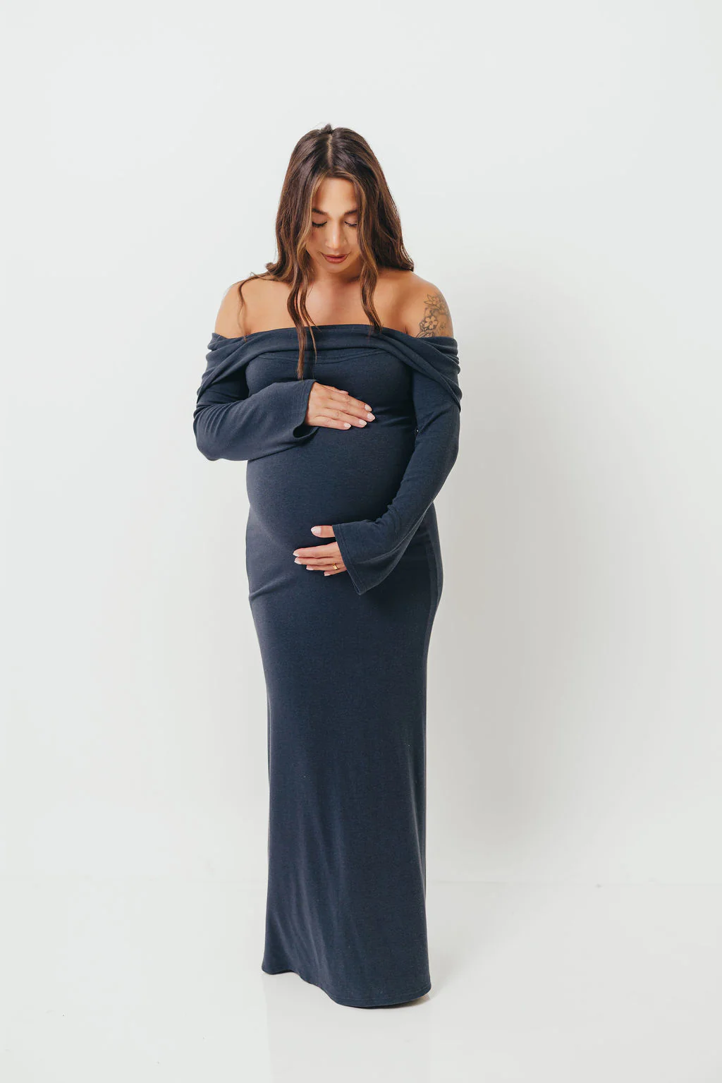 Monroe Maxi Dress with Long Sleeves in Dusty Navy- Bump Friendly - Image 4