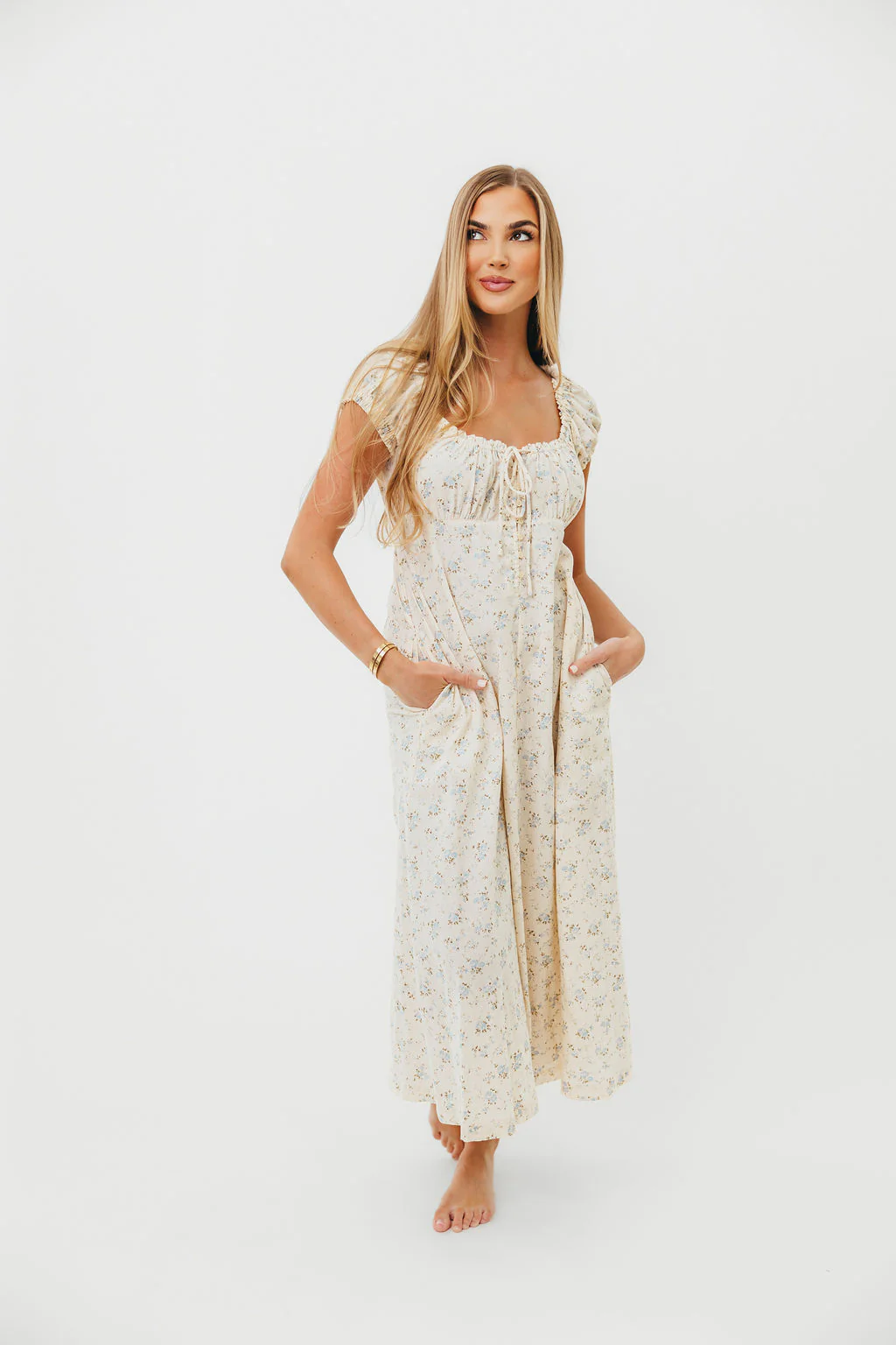 Marley 100% Cotton Midi Dress in Ivory/Blue - Bump Friendly - Image 2
