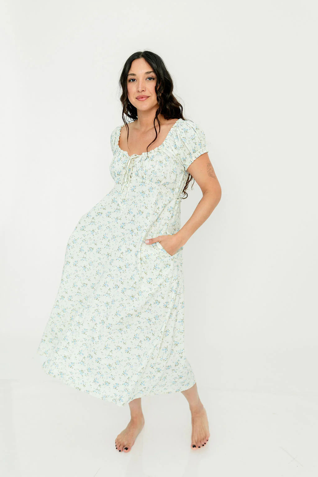 Marley 100% Cotton Midi Dress in Ivory/Blue - Bump Friendly - Image 25