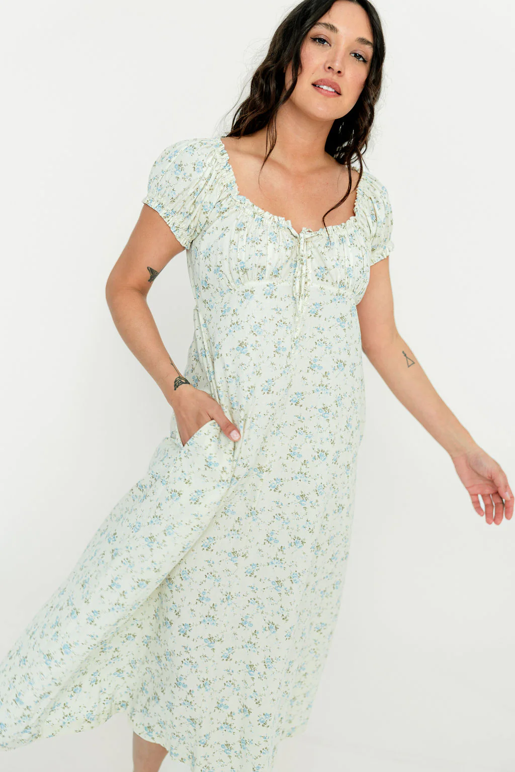 Marley 100% Cotton Midi Dress in Ivory/Blue - Bump Friendly - Image 27