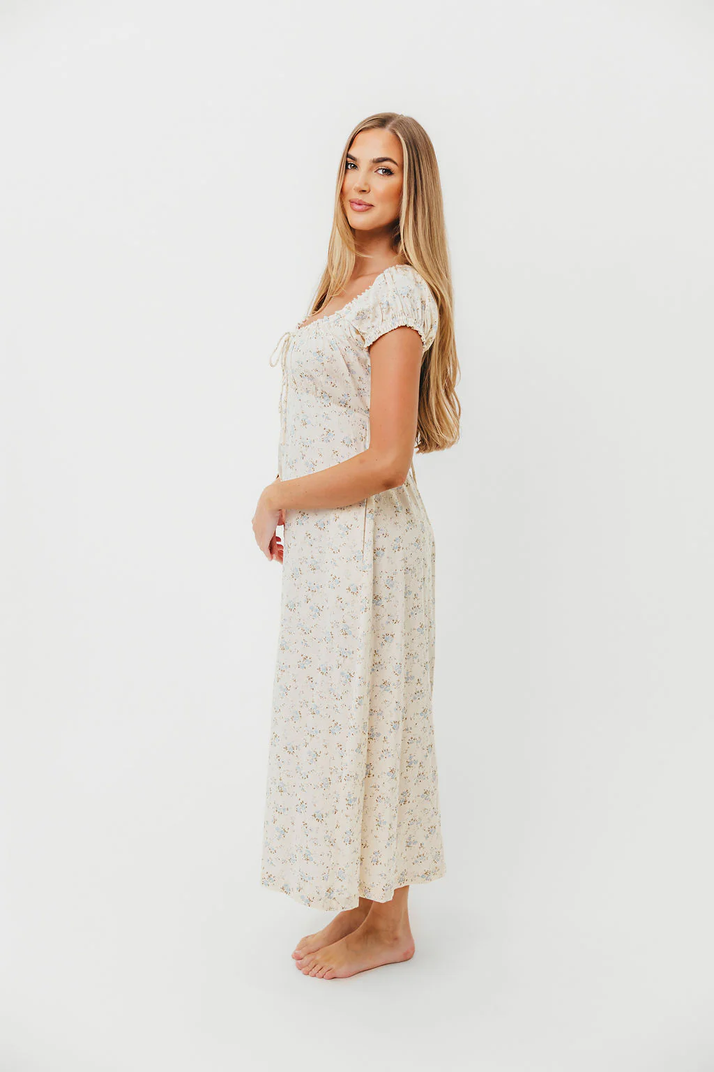 Marley 100% Cotton Midi Dress in Ivory/Blue - Bump Friendly - Image 3