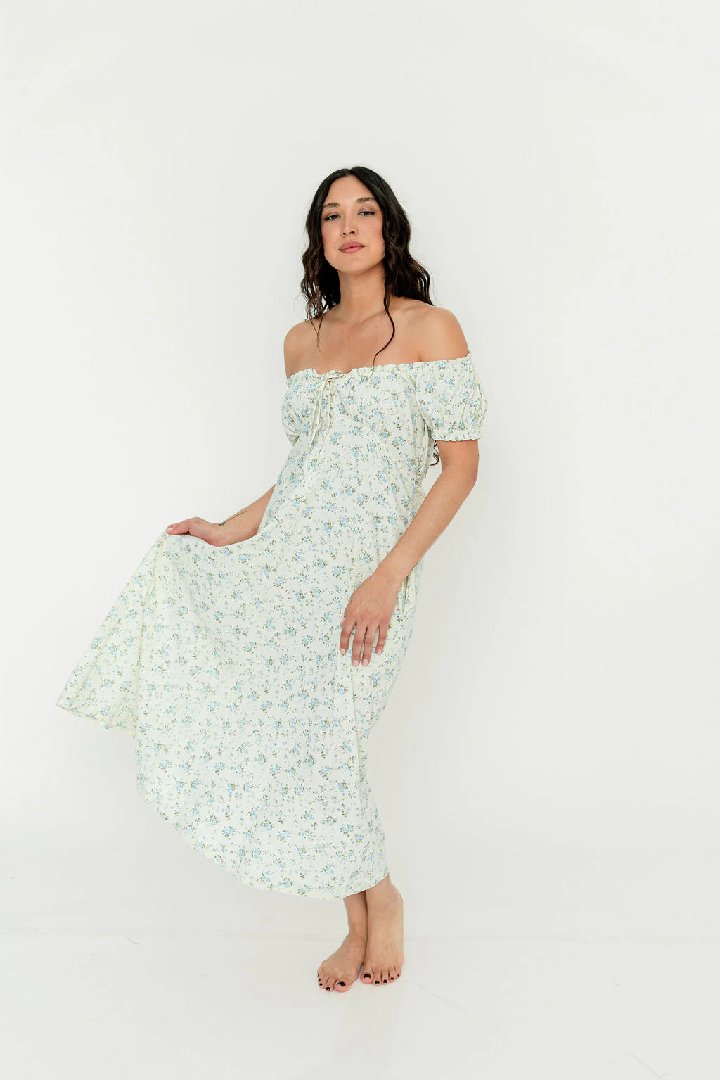 Marley 100% Cotton Midi Dress in Ivory/Blue - Bump Friendly - Image 31