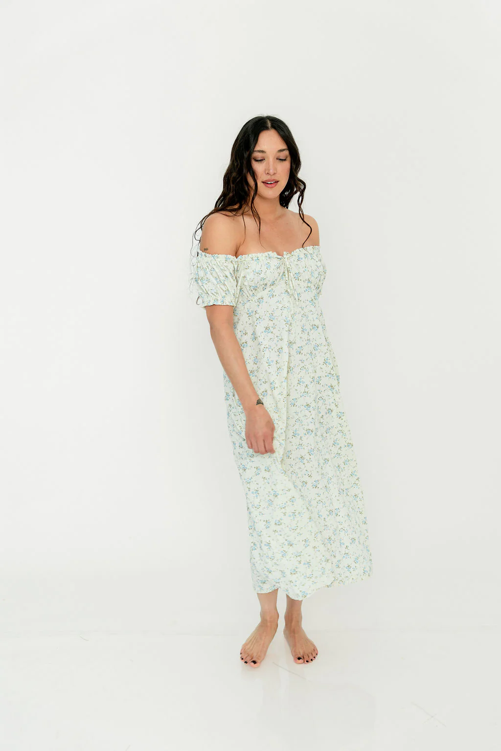 Marley 100% Cotton Midi Dress in Ivory/Blue - Bump Friendly - Image 32
