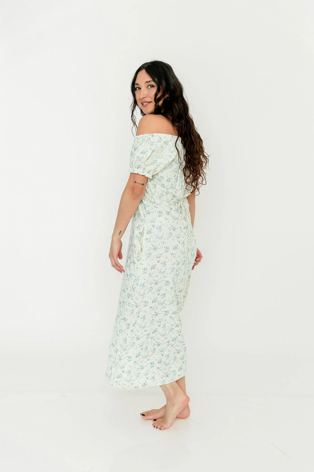 Marley 100% Cotton Midi Dress in Ivory/Blue - Bump Friendly - Image 33