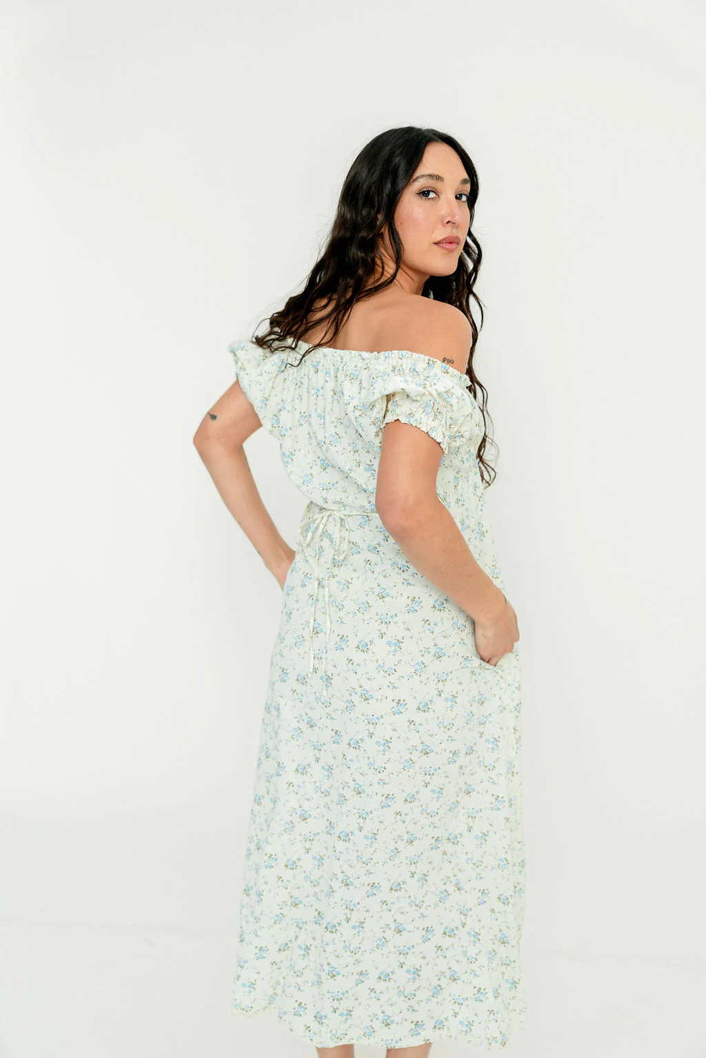 Marley 100% Cotton Midi Dress in Ivory/Blue - Bump Friendly - Image 34