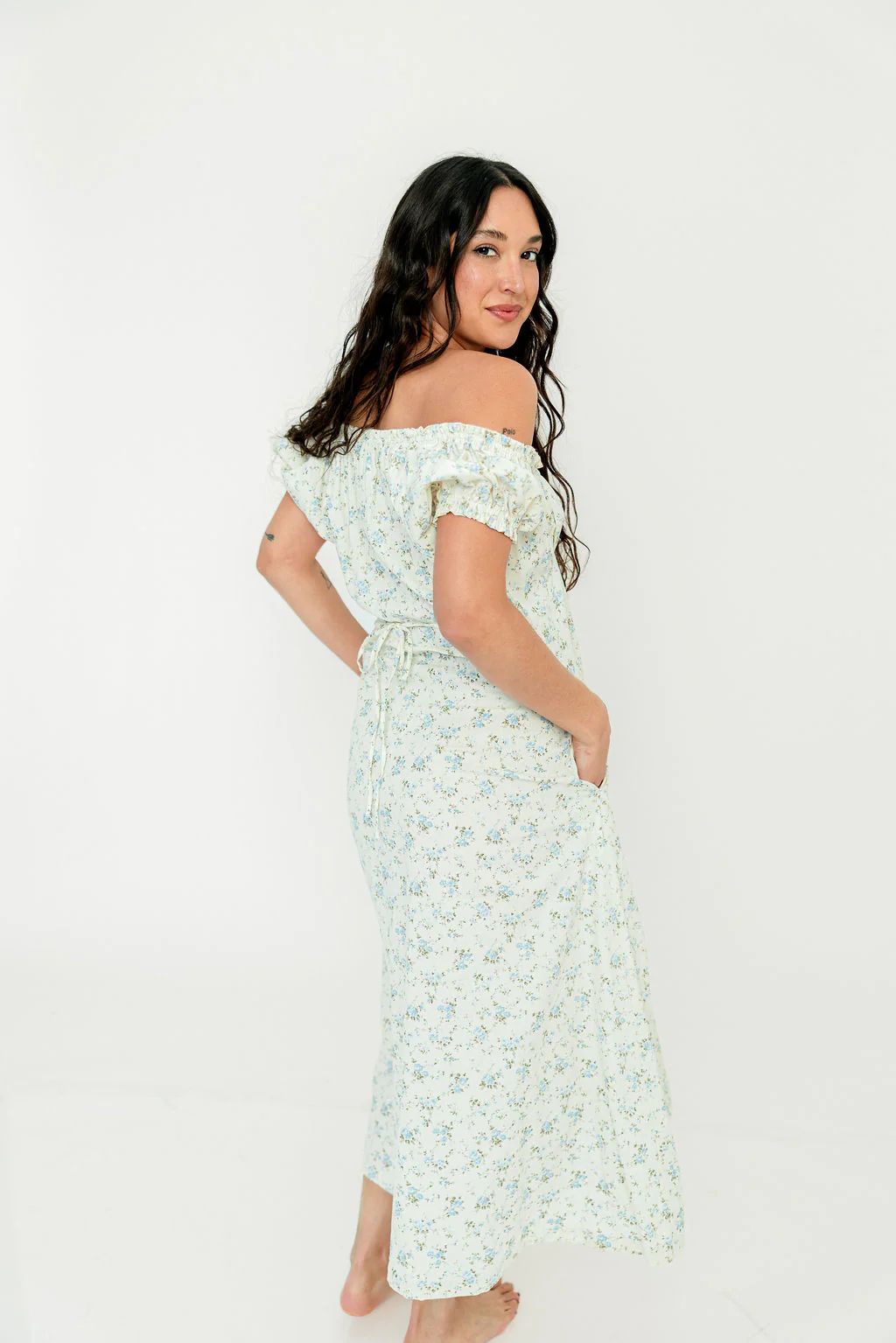 Marley 100% Cotton Midi Dress in Ivory/Blue - Bump Friendly - Image 35