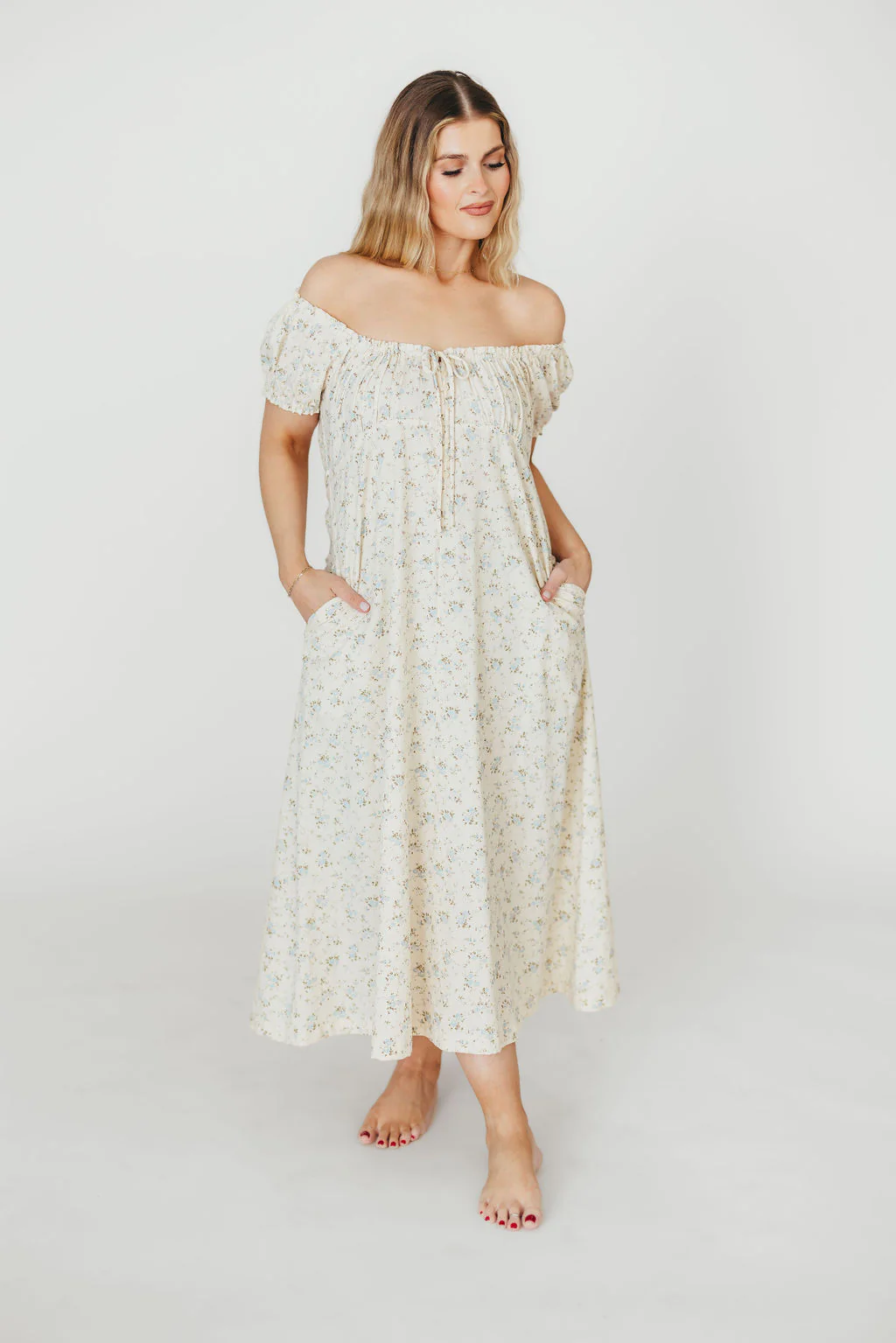 Marley 100% Cotton Midi Dress in Ivory/Blue - Bump Friendly - Image 5