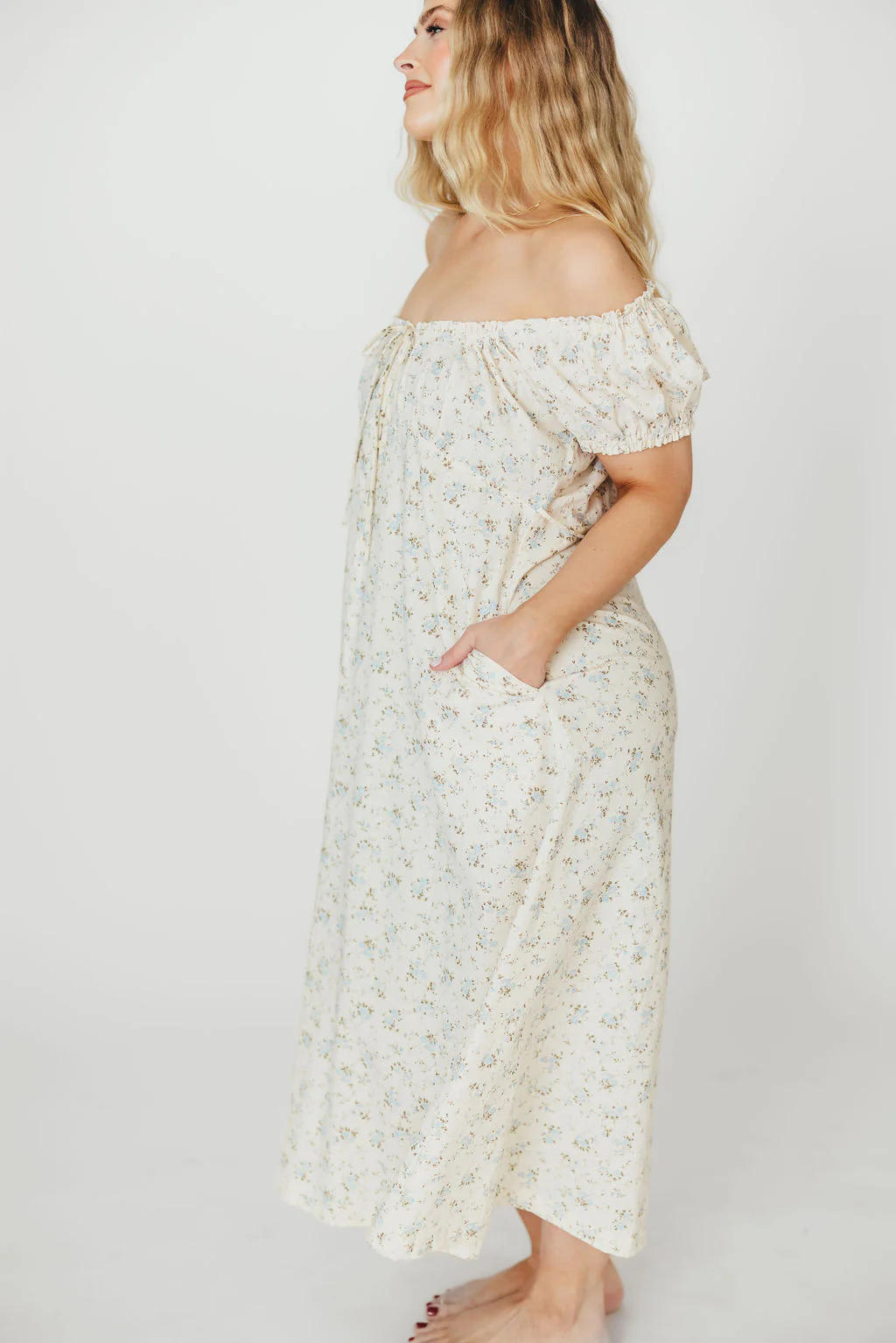 Marley 100% Cotton Midi Dress in Ivory/Blue - Bump Friendly - Image 8