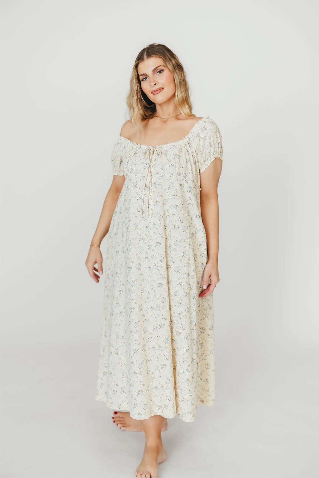 Marley 100% Cotton Midi Dress in Ivory/Blue - Bump Friendly - Image 9