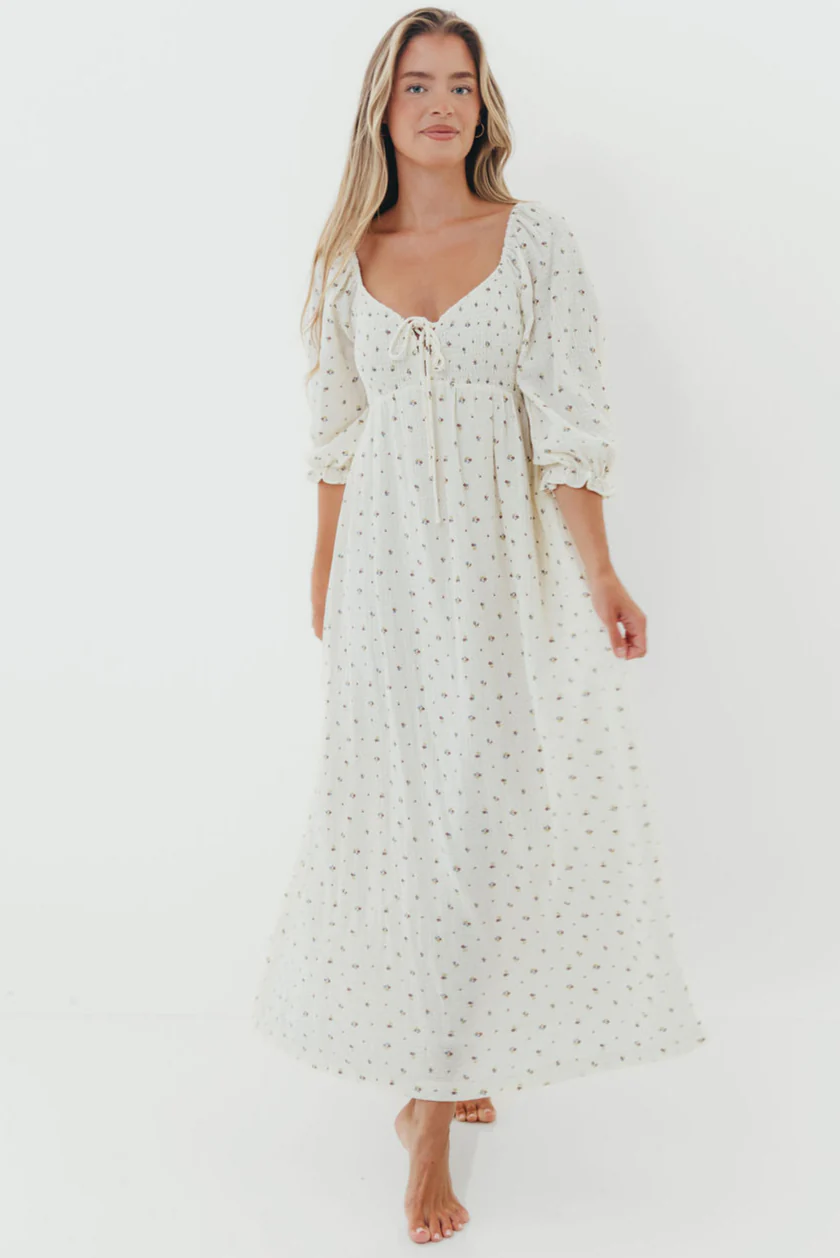 Cecilia 100% Cotton Smocked Maxi Dress in Ivory (Lined) - Bump Friendly