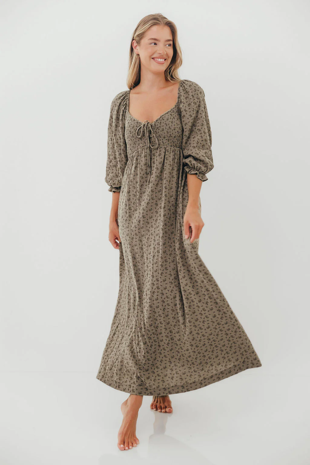 Cecilia 100% Cotton Maxi Dress in Olive Foliage
