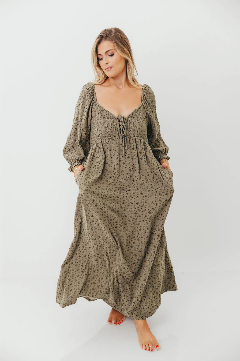 Cecilia 100% Cotton Maxi Dress in Olive Foliage - Image 6