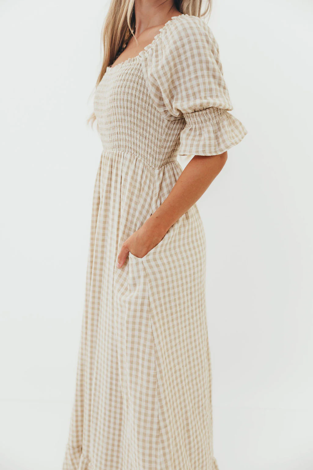 Sienna 100% Cotton Puff Sleeve Maxi Dress in Natural Plaid - Bump Friendly