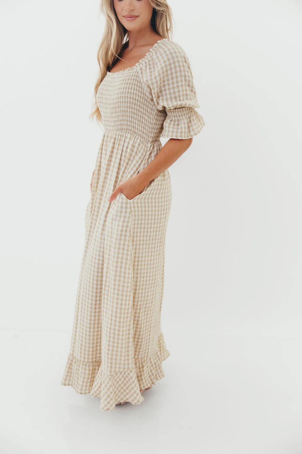 Sienna 100% Cotton Puff Sleeve Maxi Dress in Natural Plaid - Bump Friendly - Image 10