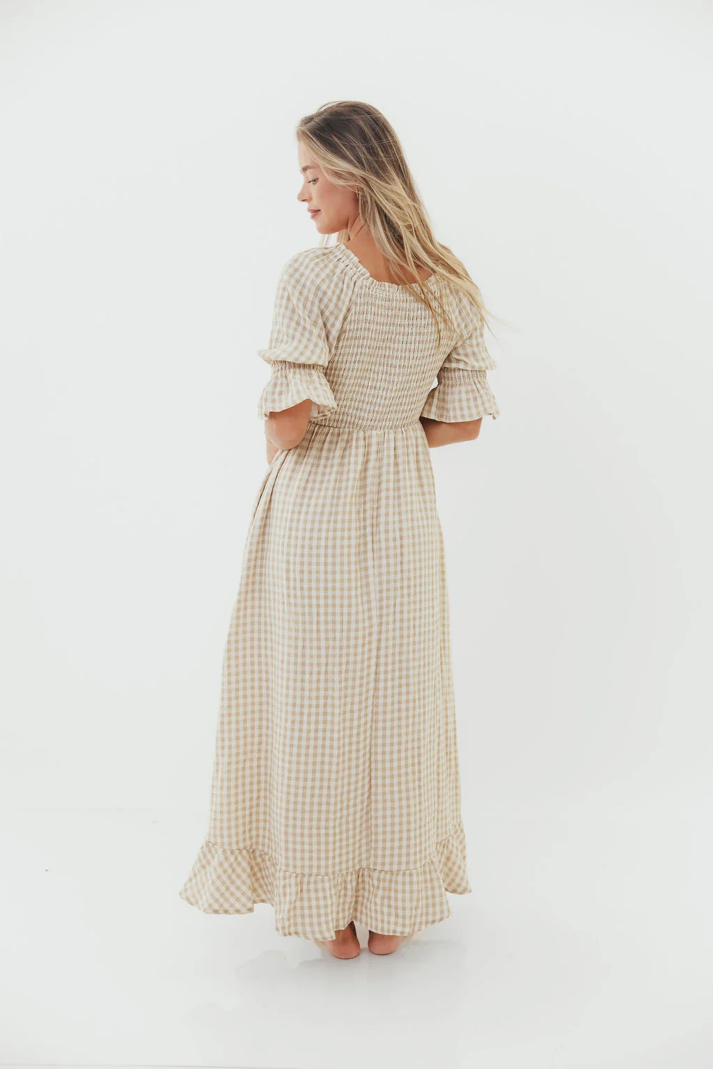 Sienna 100% Cotton Puff Sleeve Maxi Dress in Natural Plaid - Bump Friendly - Image 11