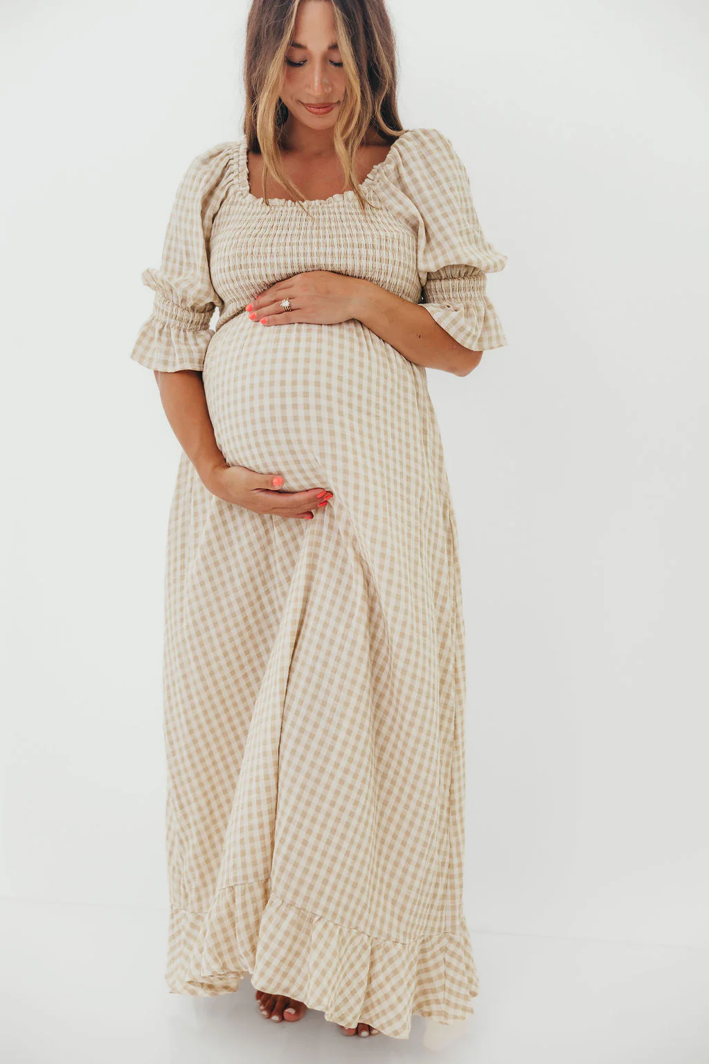 Sienna 100% Cotton Puff Sleeve Maxi Dress in Natural Plaid - Bump Friendly - Image 12