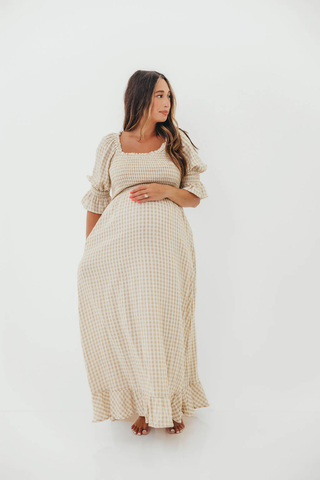 Sienna 100% Cotton Puff Sleeve Maxi Dress in Natural Plaid - Bump Friendly - Image 13