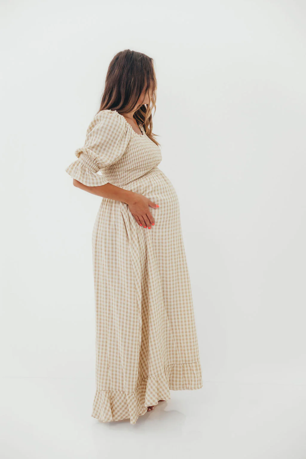 Sienna 100% Cotton Puff Sleeve Maxi Dress in Natural Plaid - Bump Friendly - Image 14