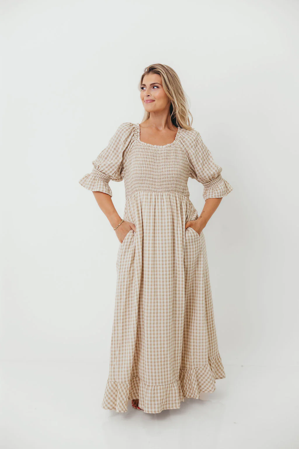 Sienna 100% Cotton Puff Sleeve Maxi Dress in Natural Plaid - Bump Friendly - Image 15