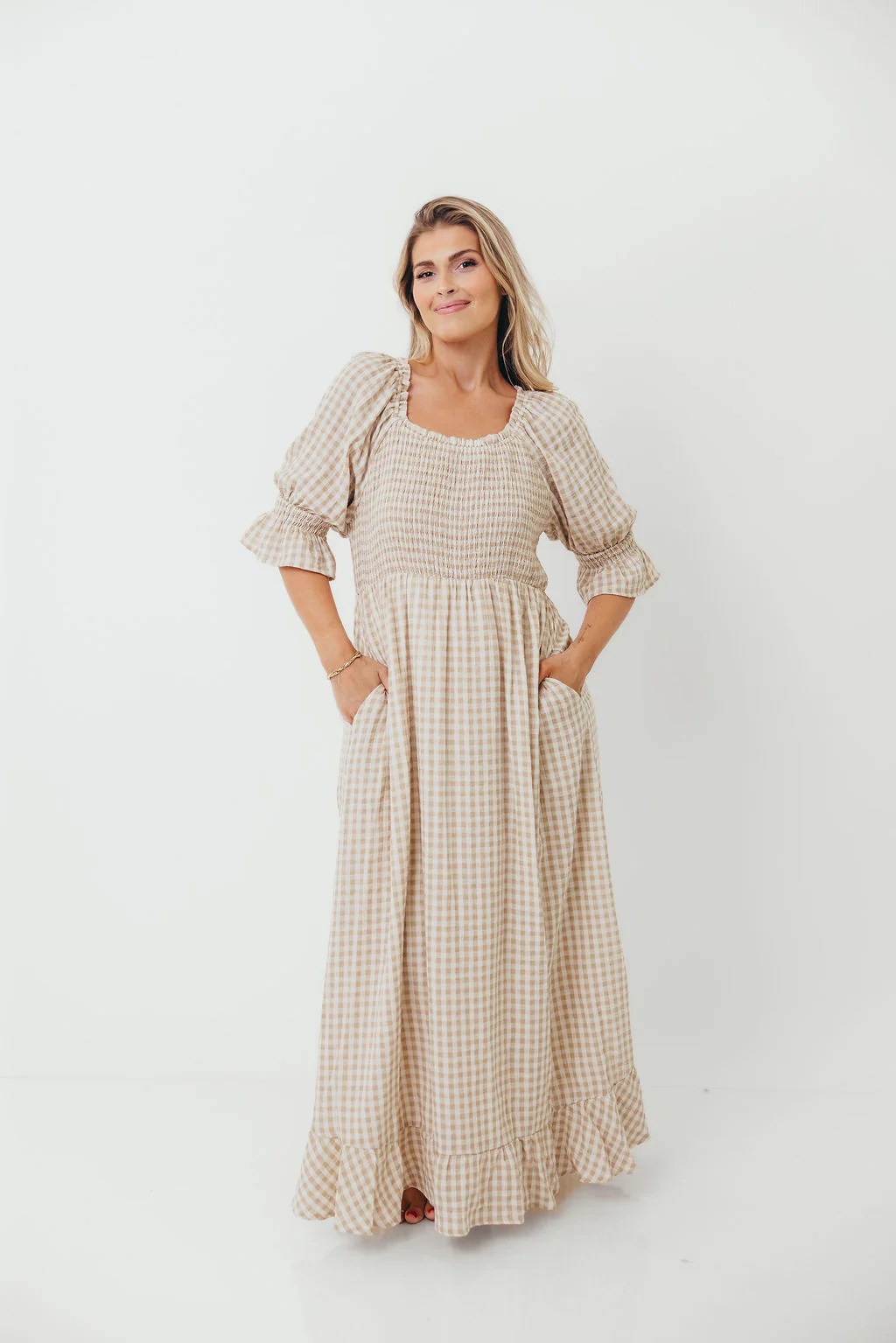 Sienna 100% Cotton Puff Sleeve Maxi Dress in Natural Plaid - Bump Friendly - Image 16