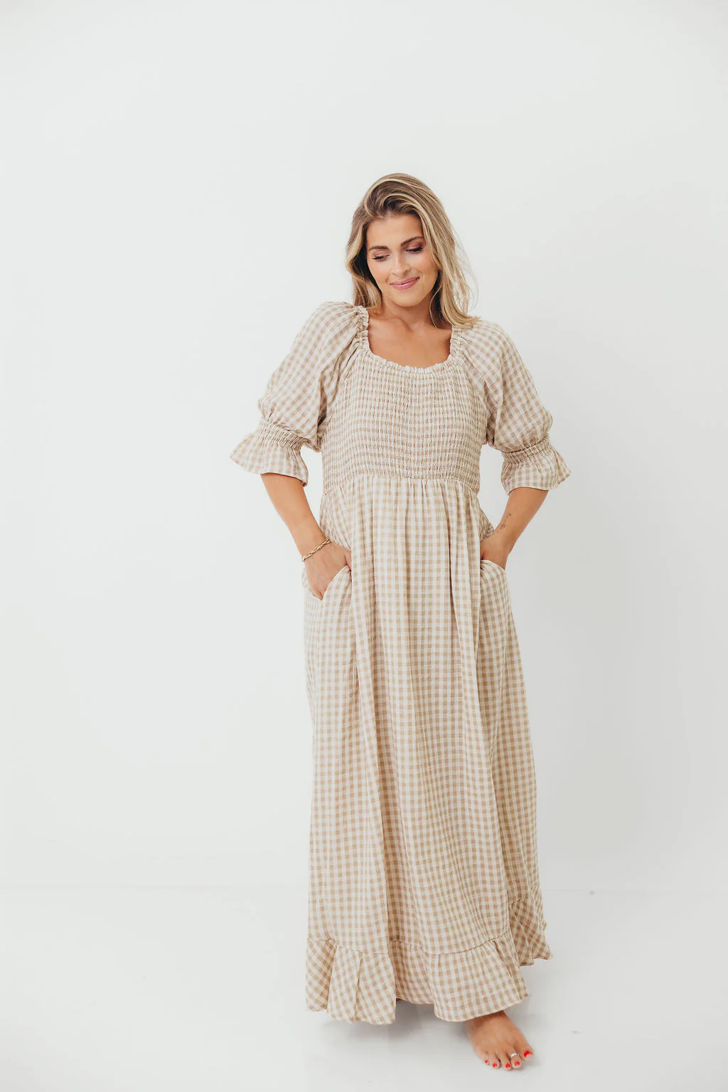 Sienna 100% Cotton Puff Sleeve Maxi Dress in Natural Plaid - Bump Friendly - Image 17
