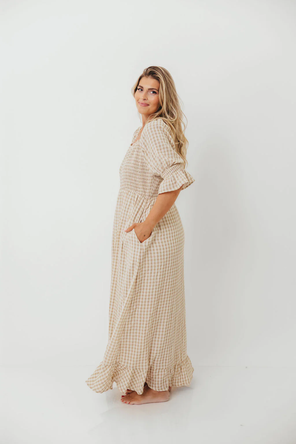 Sienna 100% Cotton Puff Sleeve Maxi Dress in Natural Plaid - Bump Friendly - Image 18