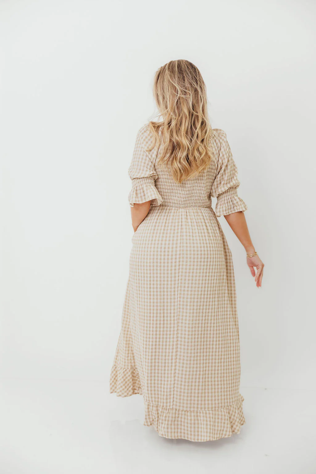 Sienna 100% Cotton Puff Sleeve Maxi Dress in Natural Plaid - Bump Friendly - Image 19