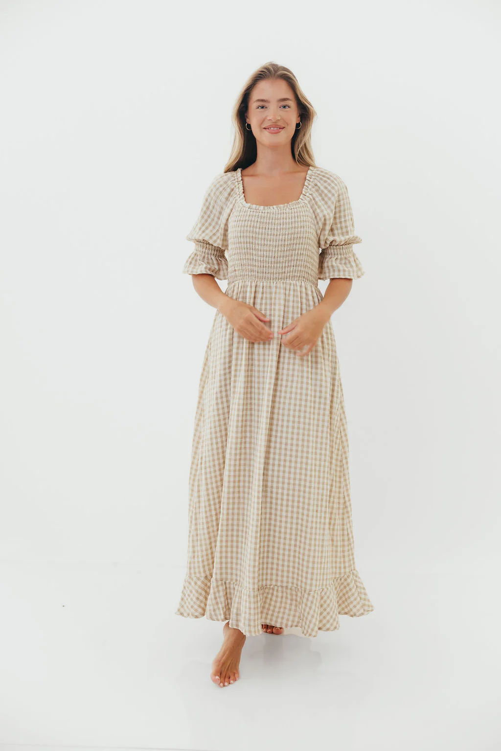 Sienna 100% Cotton Puff Sleeve Maxi Dress in Natural Plaid - Bump Friendly - Image 2