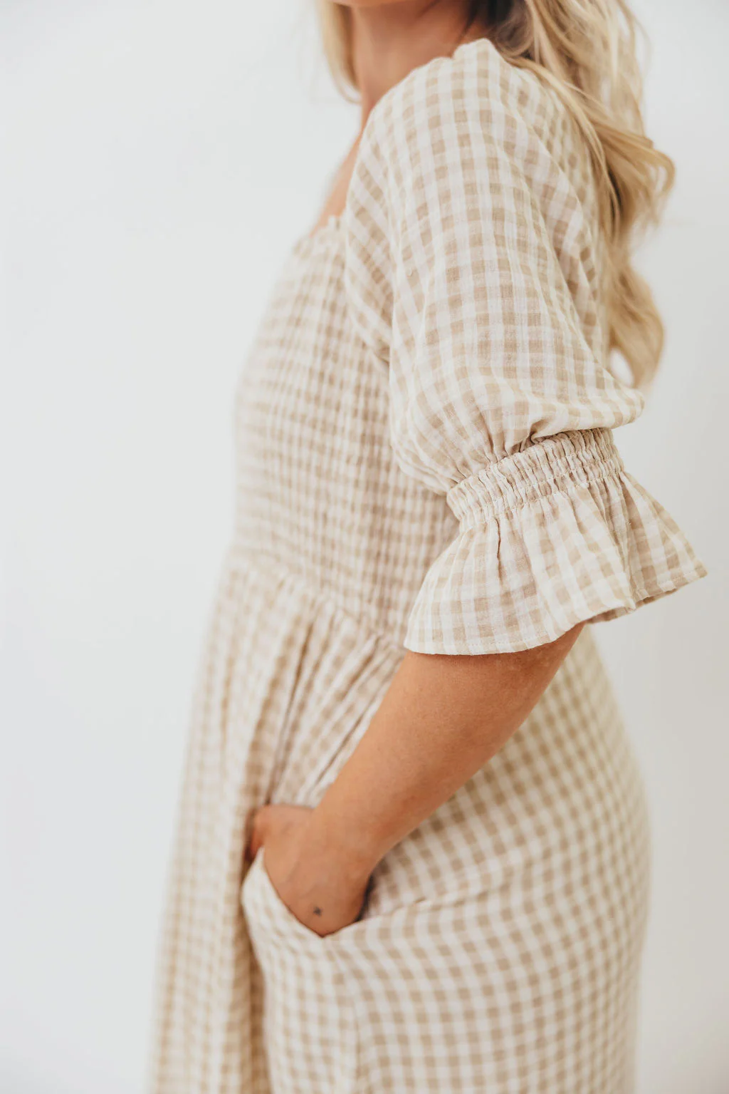 Sienna 100% Cotton Puff Sleeve Maxi Dress in Natural Plaid - Bump Friendly - Image 21