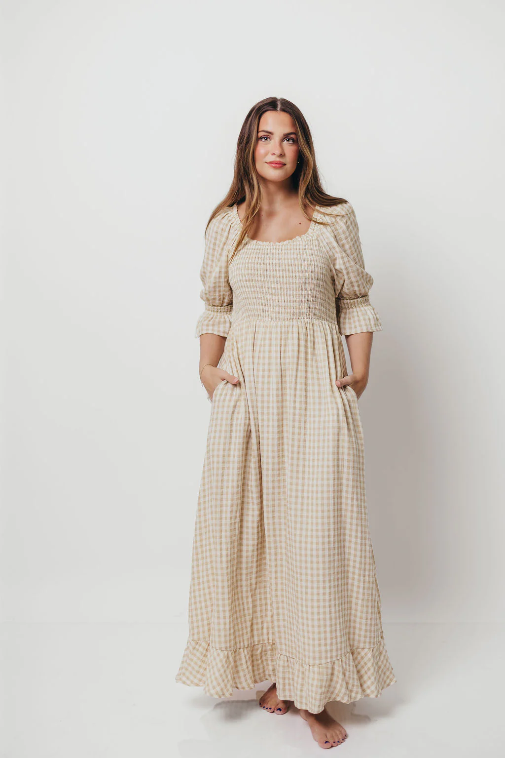 Sienna 100% Cotton Puff Sleeve Maxi Dress in Natural Plaid - Bump Friendly - Image 23