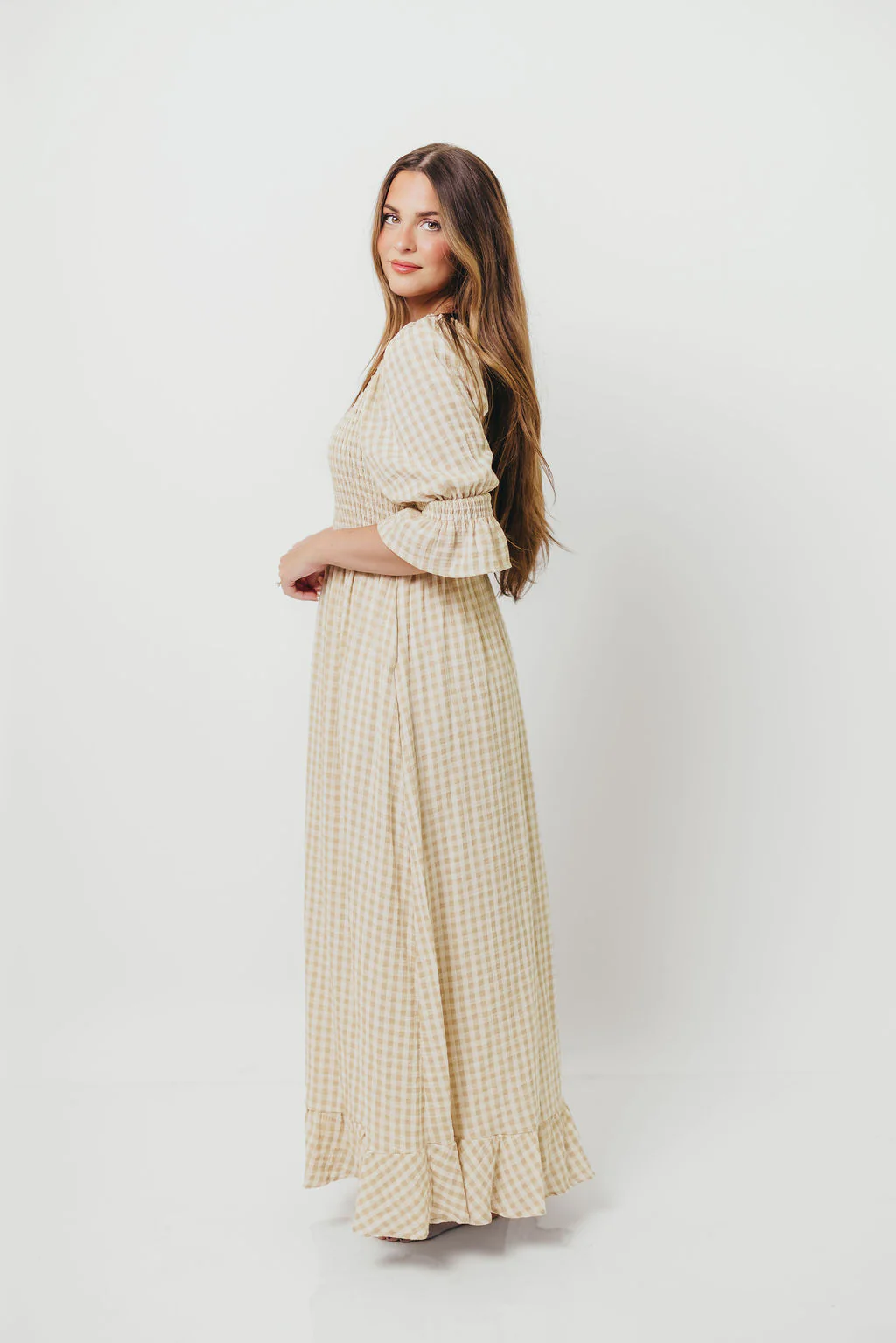 Sienna 100% Cotton Puff Sleeve Maxi Dress in Natural Plaid - Bump Friendly - Image 24