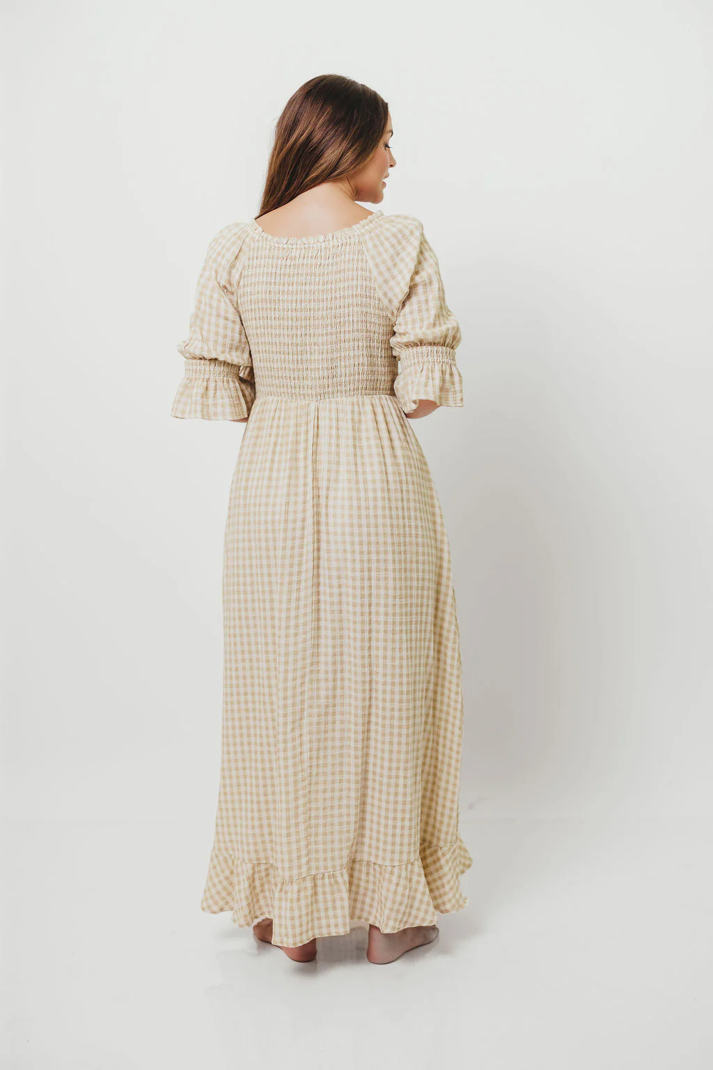Sienna 100% Cotton Puff Sleeve Maxi Dress in Natural Plaid - Bump Friendly - Image 25