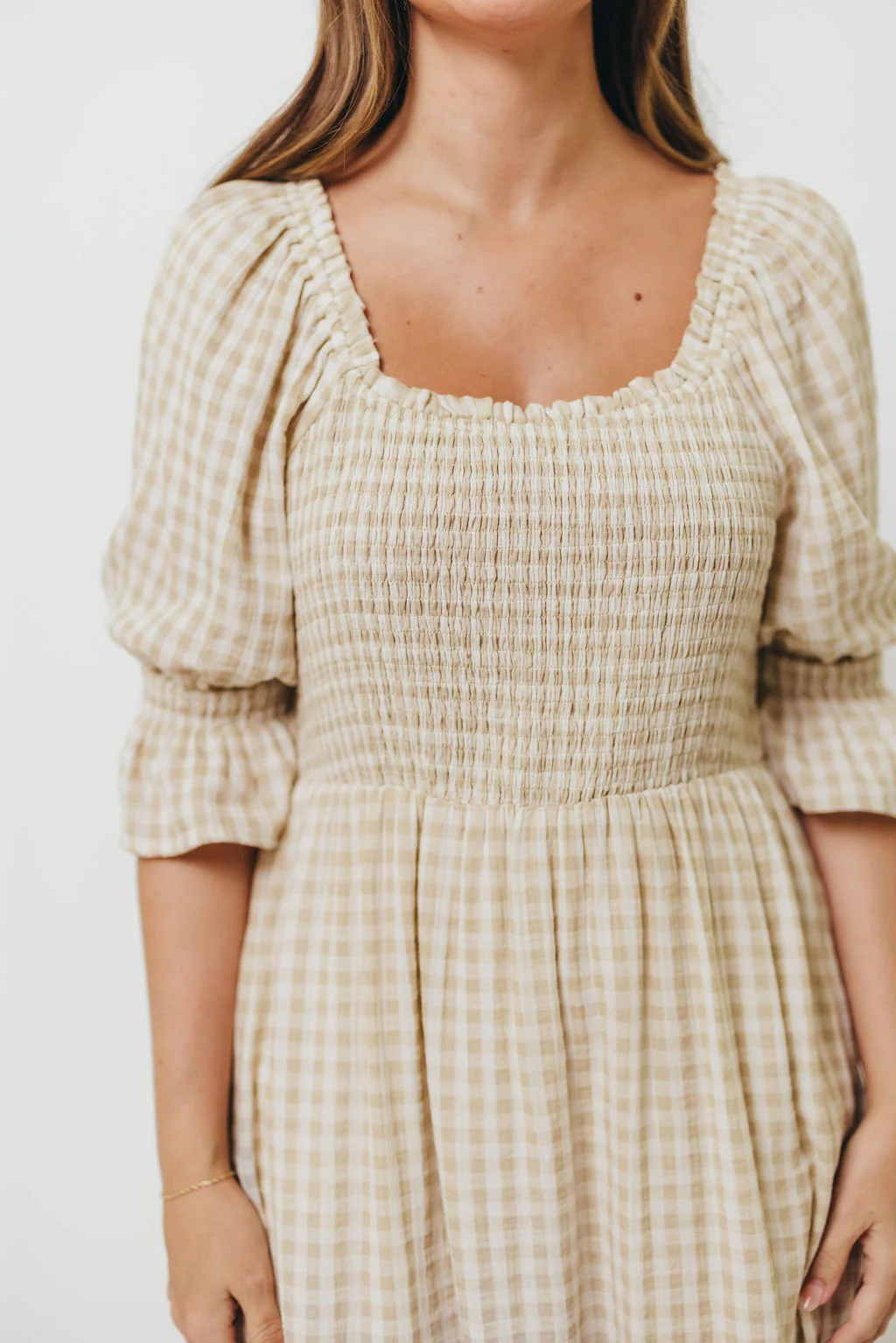 Sienna 100% Cotton Puff Sleeve Maxi Dress in Natural Plaid - Bump Friendly - Image 26