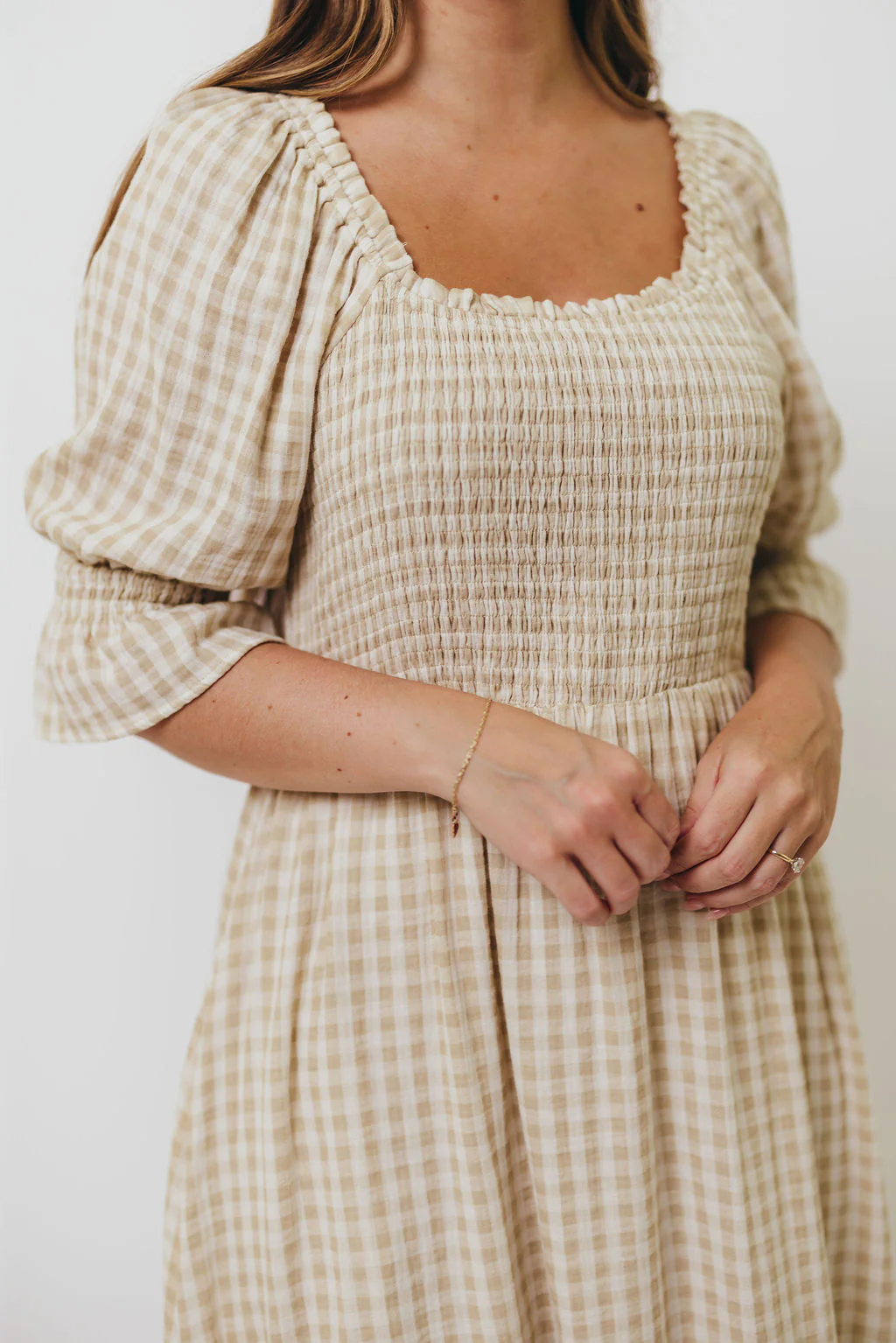 Sienna 100% Cotton Puff Sleeve Maxi Dress in Natural Plaid - Bump Friendly - Image 27