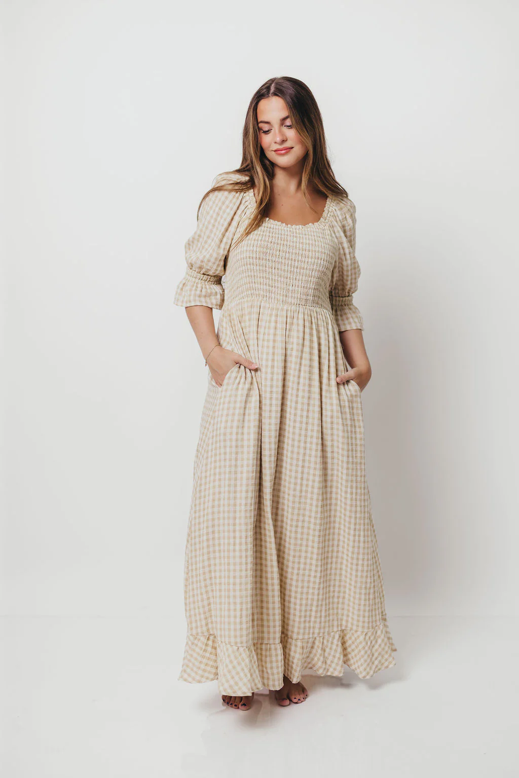 Sienna 100% Cotton Puff Sleeve Maxi Dress in Natural Plaid - Bump Friendly - Image 3