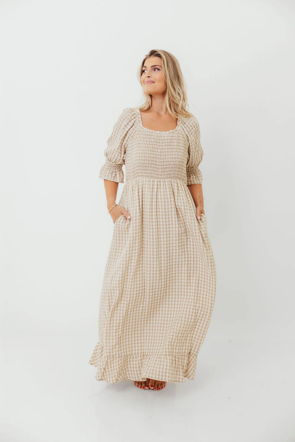 Sienna 100% Cotton Puff Sleeve Maxi Dress in Natural Plaid - Bump Friendly - Image 4