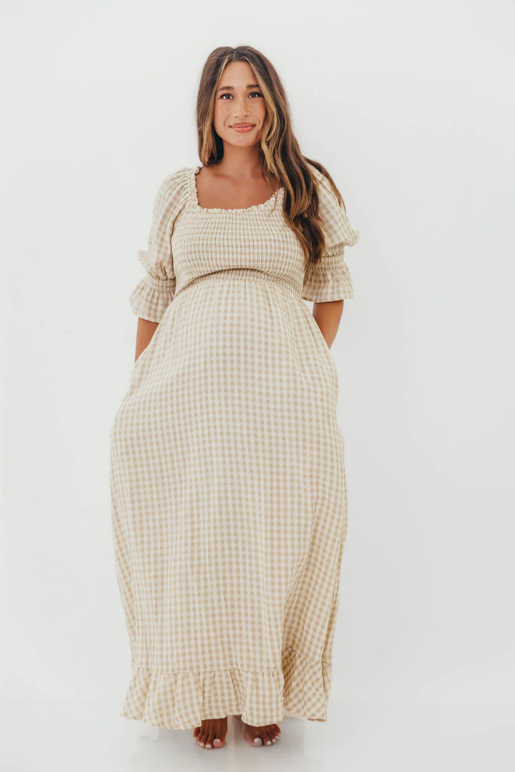Sienna 100% Cotton Puff Sleeve Maxi Dress in Natural Plaid - Bump Friendly - Image 5