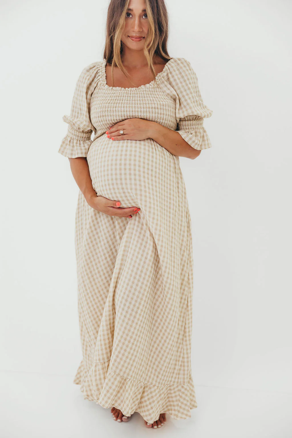Sienna 100% Cotton Puff Sleeve Maxi Dress in Natural Plaid - Bump Friendly - Image 6