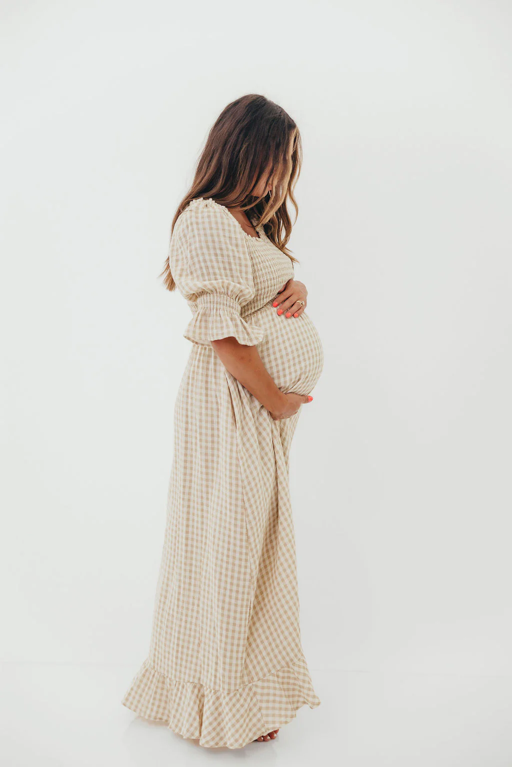 Sienna 100% Cotton Puff Sleeve Maxi Dress in Natural Plaid - Bump Friendly - Image 7