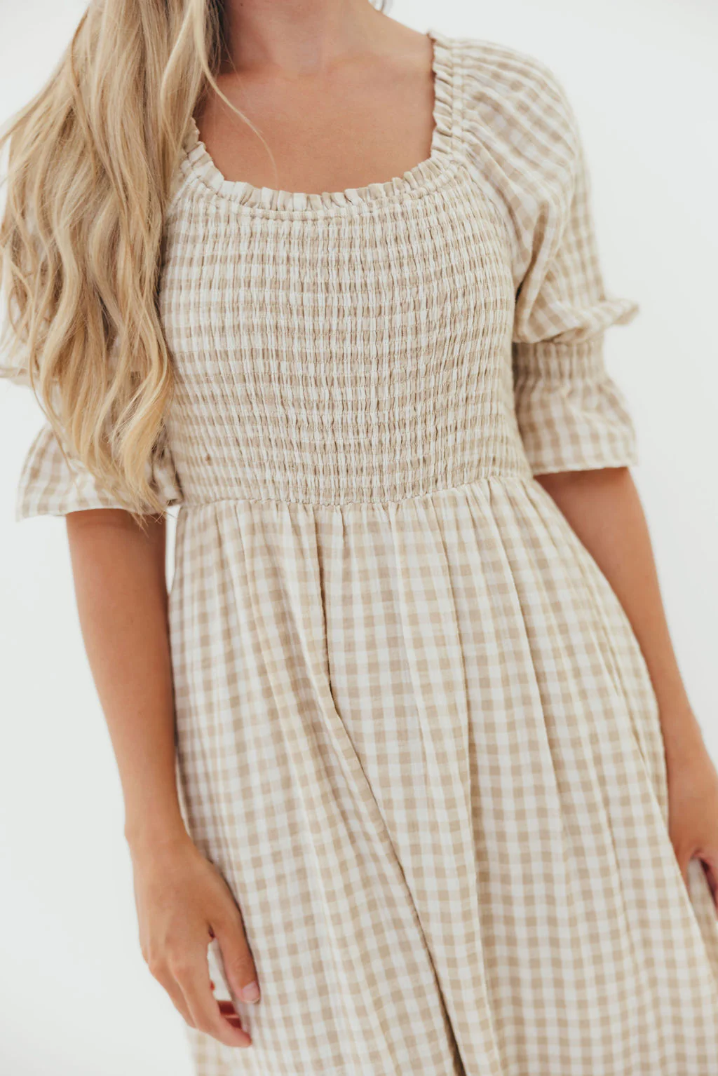 Sienna 100% Cotton Puff Sleeve Maxi Dress in Natural Plaid - Bump Friendly - Image 8