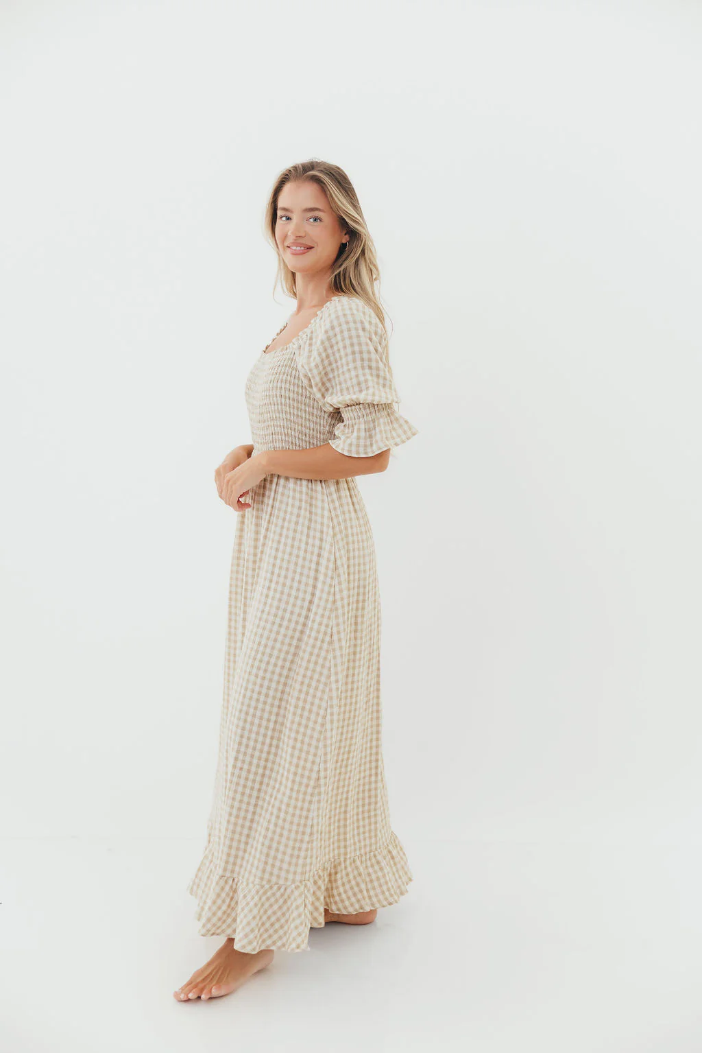 Sienna 100% Cotton Puff Sleeve Maxi Dress in Natural Plaid - Bump Friendly - Image 9