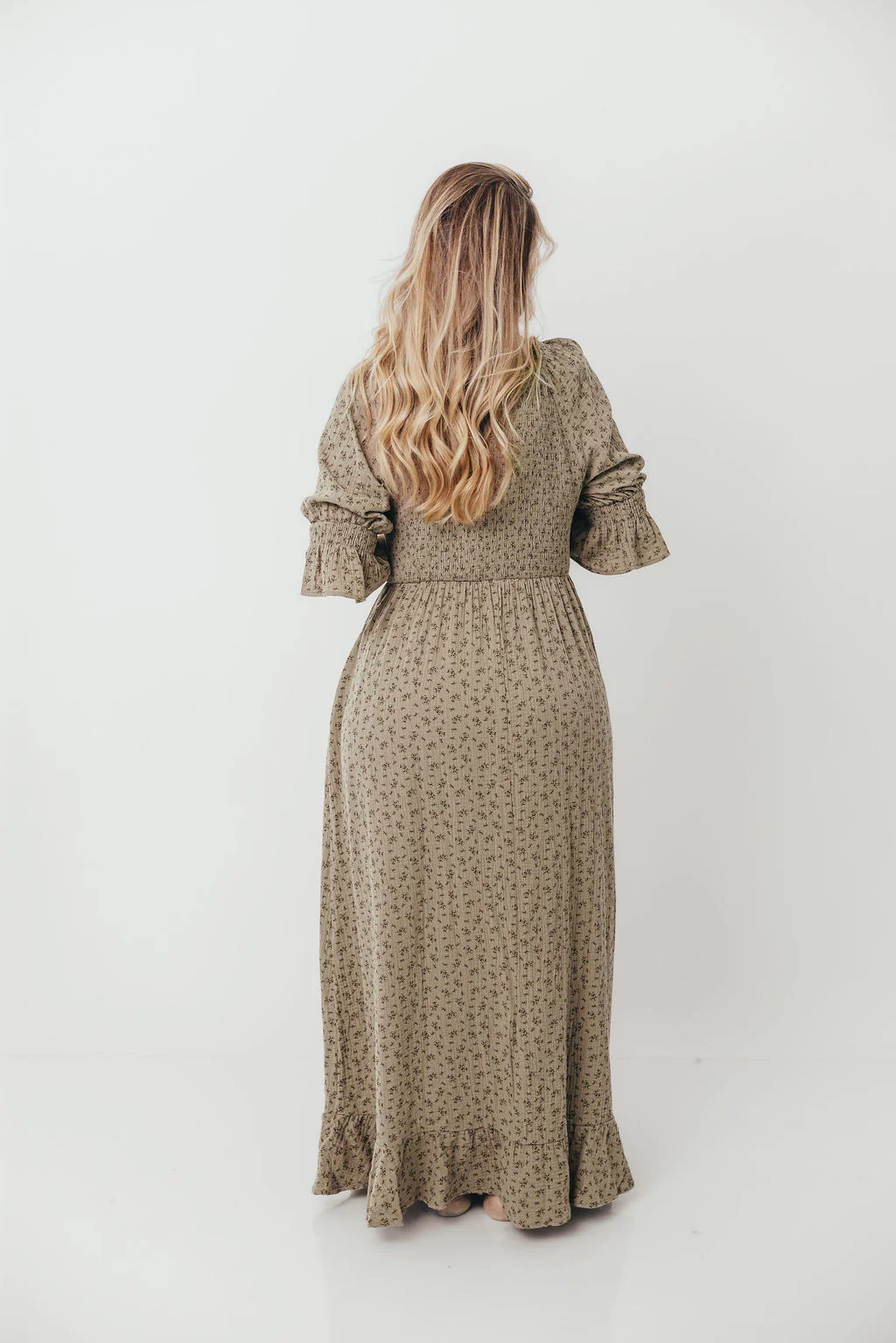 Sienna 100% Cotton Puff Sleeve Maxi Dress in Olive Foliage - Bump Friendly - Image 10
