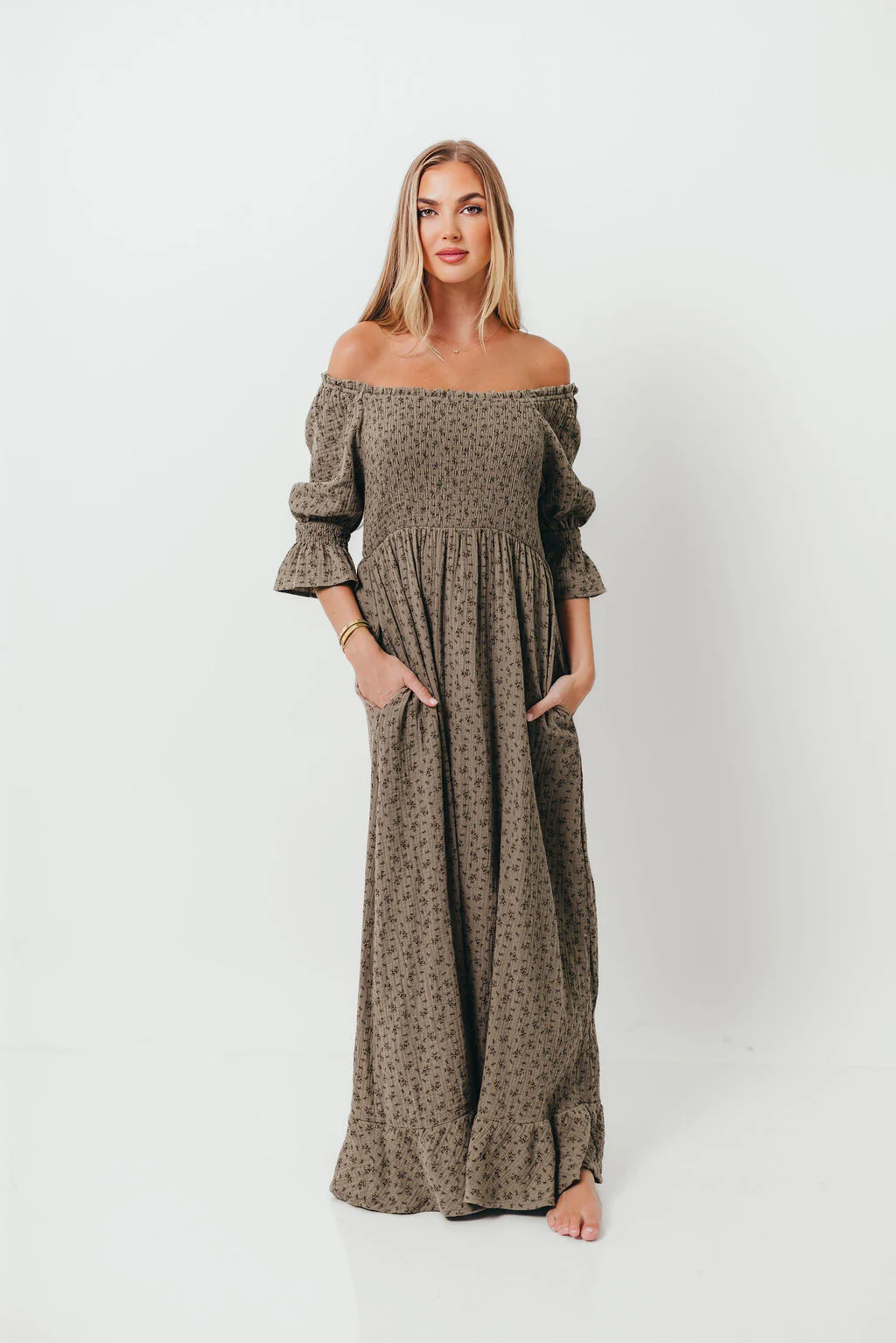 Sienna 100% Cotton Puff Sleeve Maxi Dress in Olive Foliage - Bump Friendly - Image 11