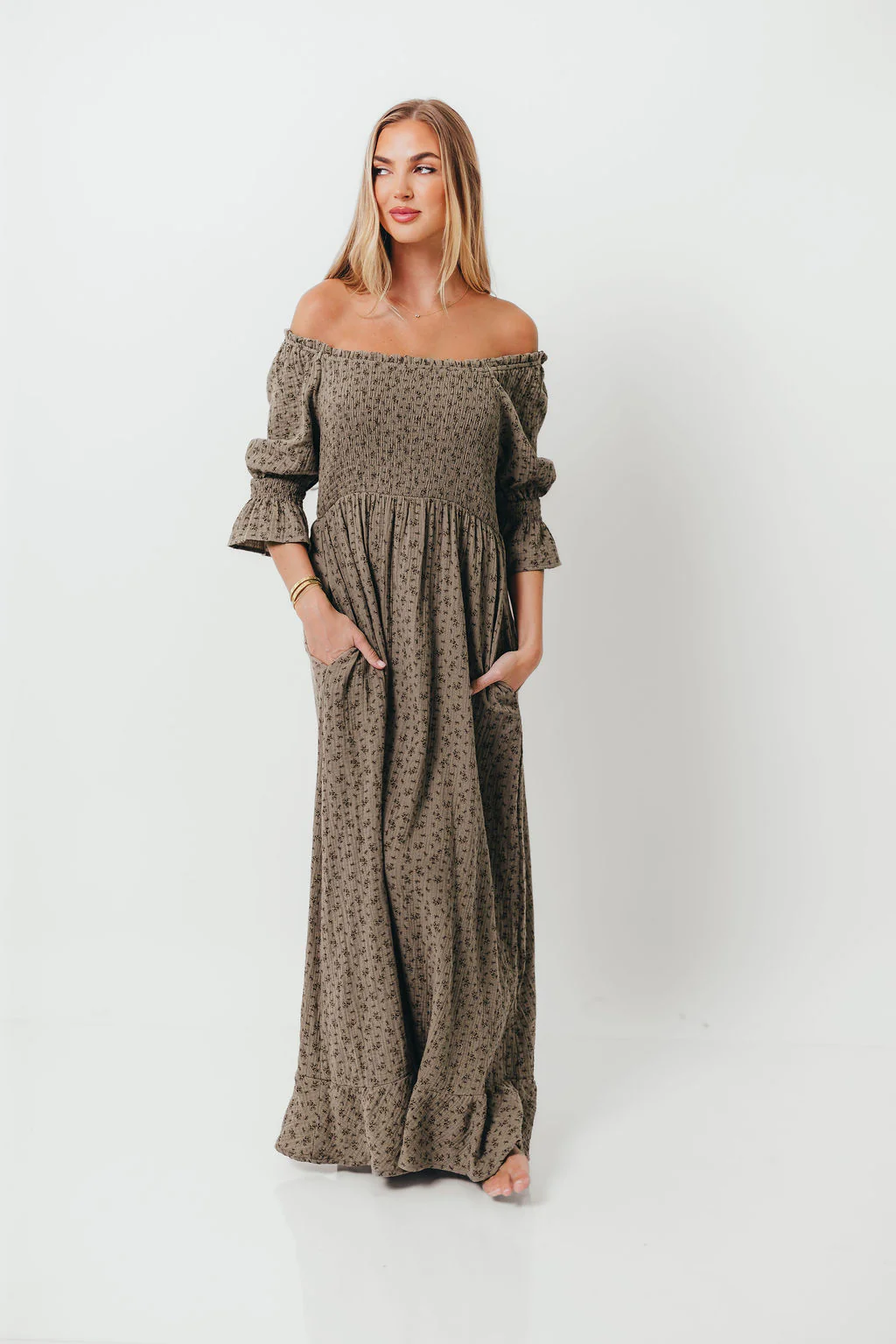 Sienna 100% Cotton Puff Sleeve Maxi Dress in Olive Foliage - Bump Friendly - Image 12