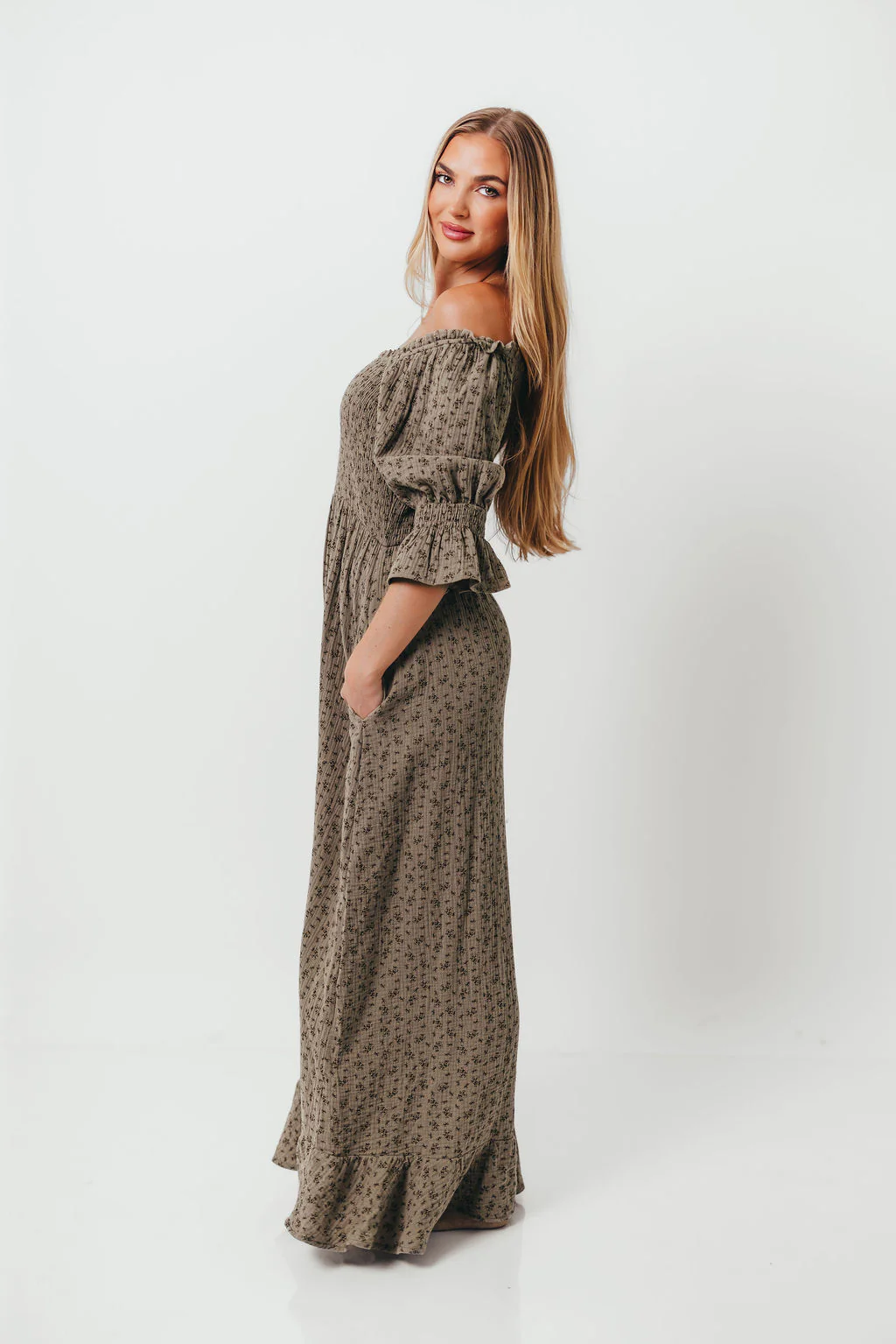 Sienna 100% Cotton Puff Sleeve Maxi Dress in Olive Foliage - Bump Friendly - Image 13