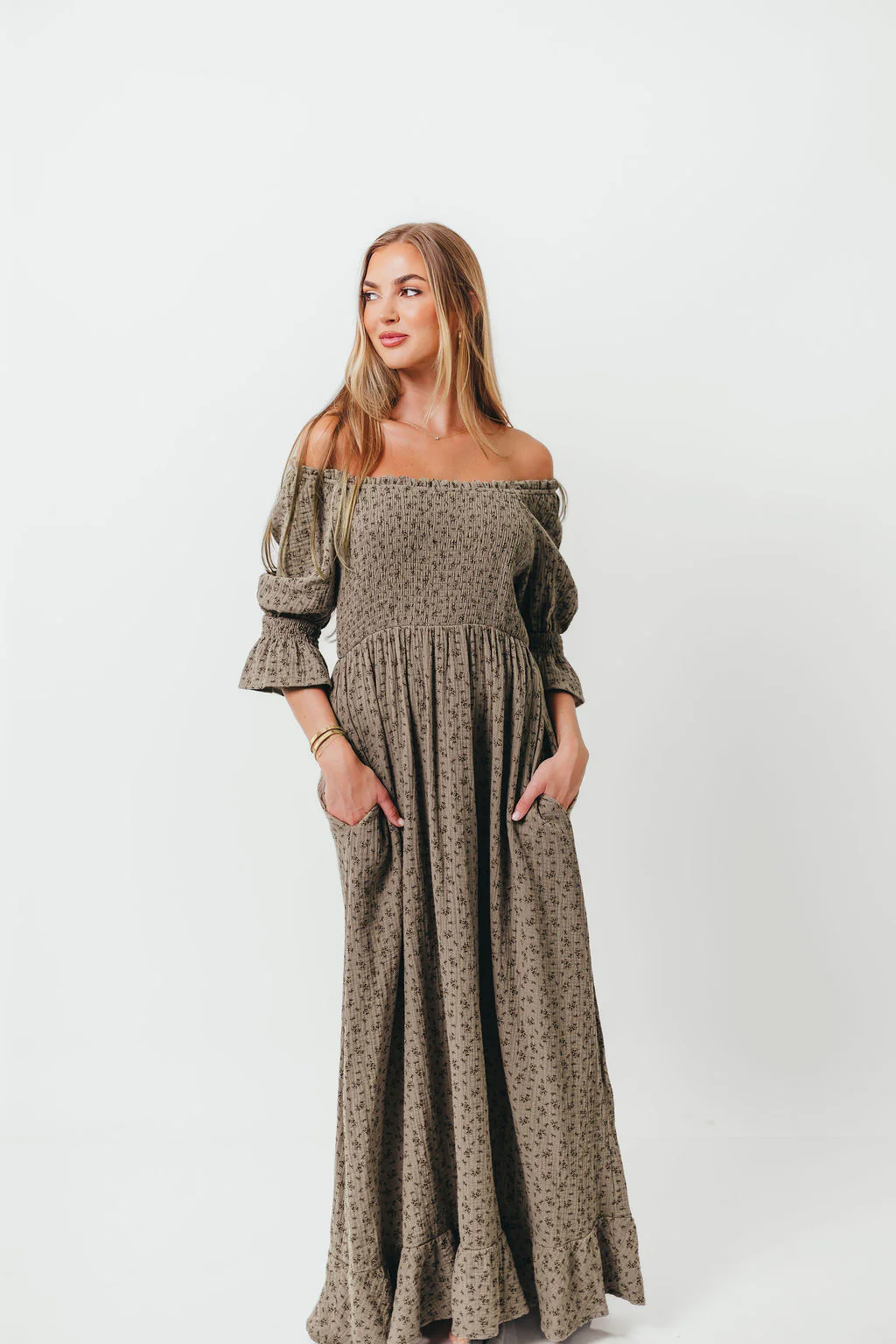 Sienna 100% Cotton Puff Sleeve Maxi Dress in Olive Foliage - Bump Friendly - Image 14